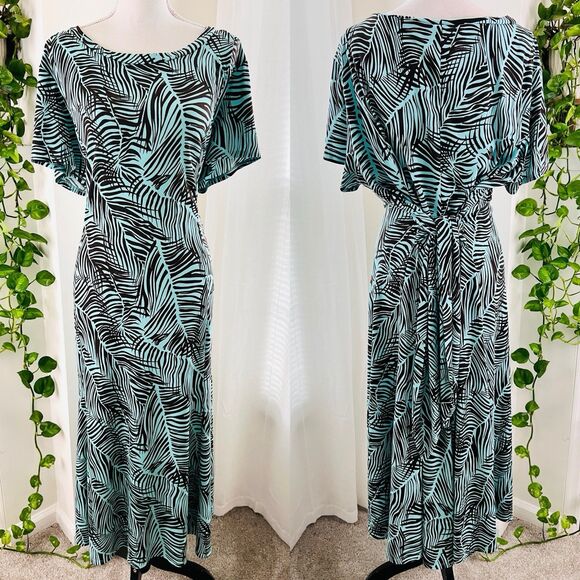 Dressbarn Gorgeous Turquoise Blue & Black Tropical Palm Frond Maxi Dress Plus 22 - Picture 1 of 9